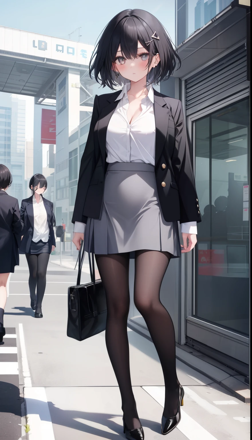 One Girl、positive、Standing posture、Full body portrait、Black Hair、Medium Haircut、blush、Absolute area、Black knee-high socks、Knee-length、stockings、Black Pantyhose、White underwear、Light blue shirt、Blue-gray business suit、Grey tight super mini skirt、Japanese office lady、Summer clothes、classroom、Standing at the podium、Daytime、（Very large breasts）、Cleavage、open chest shirt、((Lesbians all over the world))、masterpiece、（highest quality）、
Panties around the ankles、Black high heels、Shirt buttons fly off、The wind blows up my skirt、hold the skirt with both hands、hairpin