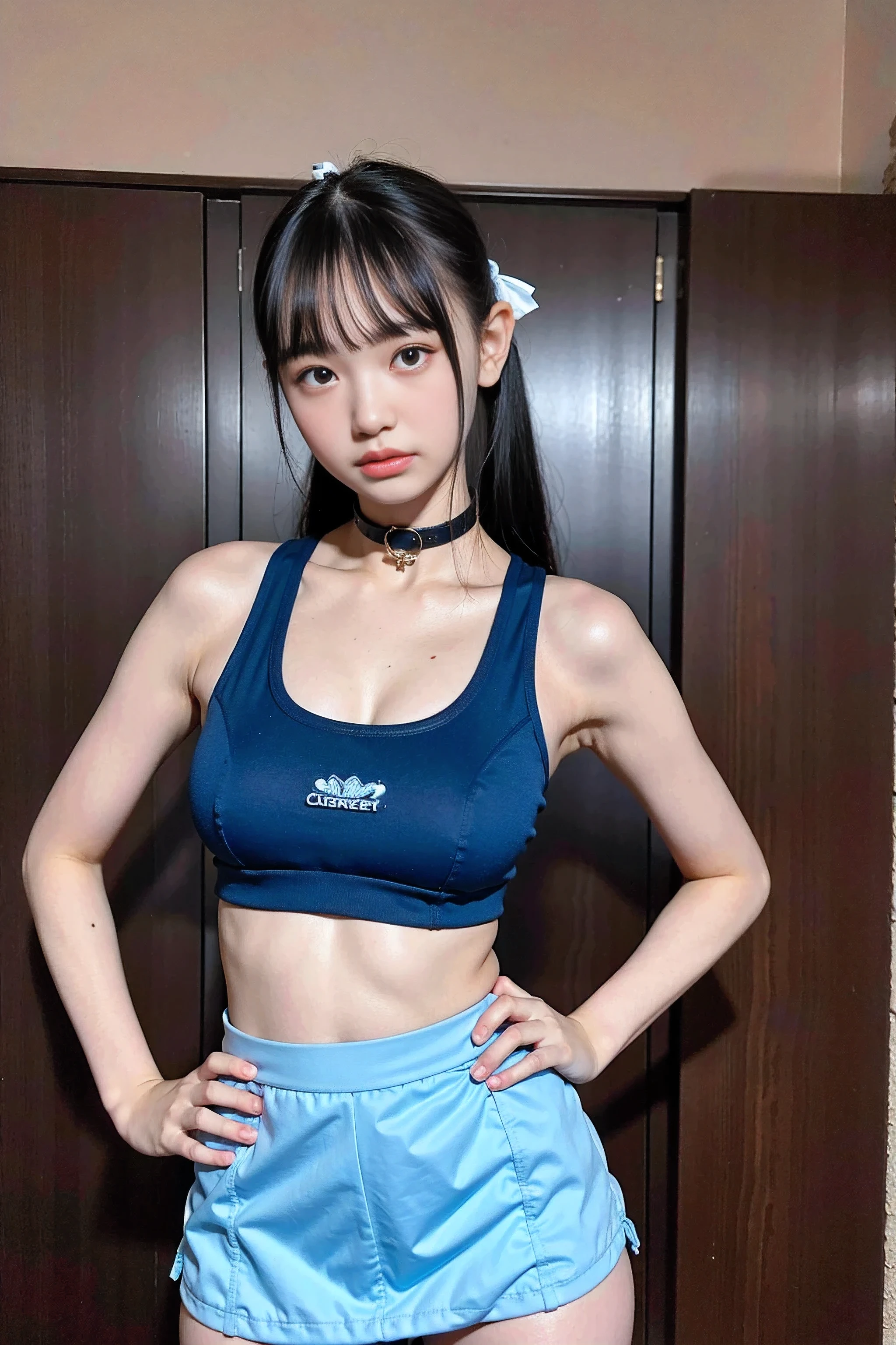 (8x_NMKD-Superscale_150000_G),(8K, Super high quality,highest quality),(masterpiece:1.5),(cowboy shot),one cheerleaders trained by master, , ((Stand facing forward with correct posture)), ((Put your hands on your hips)), (Metal Collar), (Blue sports bra, navel bare, Blue panties and mini-skirt), Become the master's personal cheerleader and obey him faithfully, Cheerleader who likes me