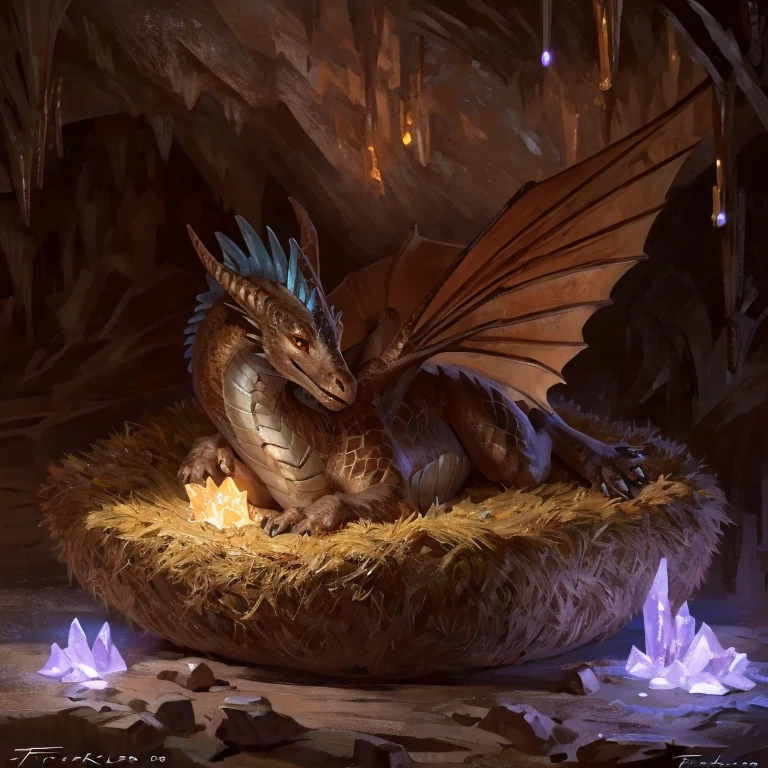 Detailed painting, by Taran Fiddler, solo, dragon, full body, feral, small dragoness, friendly, bronze scales, rounded snout, wings, pregnant, amber eyes, laying in fur lined nest, dark cave, glowing crystals on cave wall
