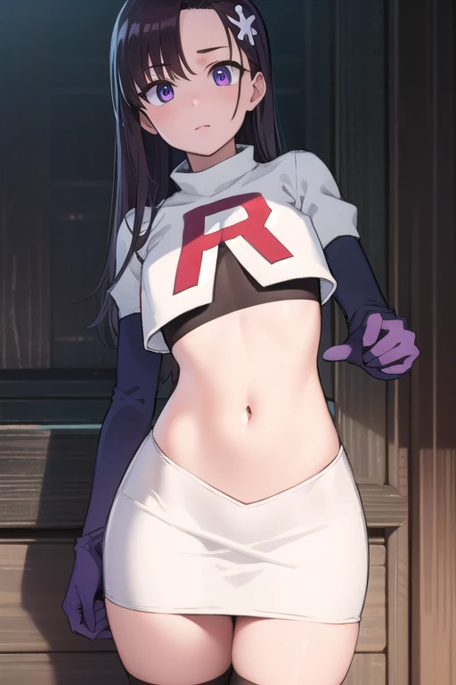 hitomihino, hitomi hino, long hair, black hair, hair ornament, (purple eyes:1.1),
BREAK team rocket,team rocket uniform,white skirt,red letter R,crop top,black thigh-highs,black elbow gloves,
BREAK looking at viewer, cowboy shot,
BREAK (masterpiece:1.2), best quality, high resolution, unity 8k wallpaper, (illustration:0.8), (beautiful detailed eyes:1.6), extremely detailed face, perfect lighting, extremely detailed CG, (perfect hands, perfect anatomy),
