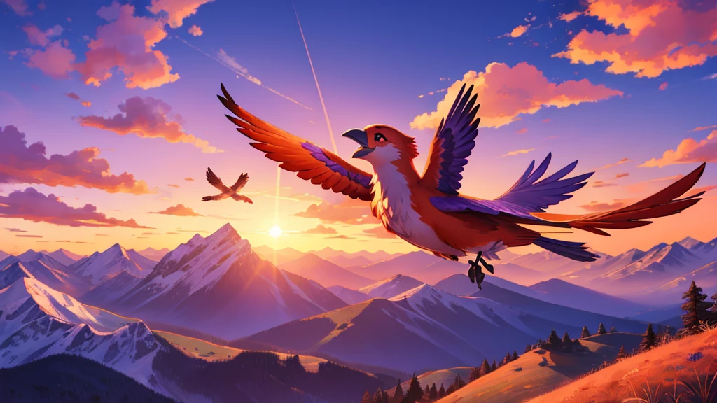 an anthropomorphic female bird, attractive, orange red and purple feathers, soaring above the mountains, flying, flying high above the world, sunset, joyful expression, high quality digital art