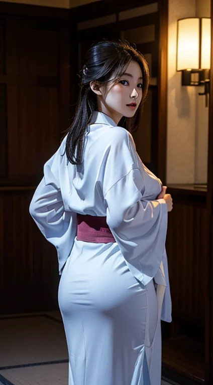 a young woman, slim, smirk:0.4, hand on face, blunt bangs, wearing Kimono with leaf petal as design, masterpiece, top quality, 3/4 frame, night city as background, bokeh background, fireworks, night