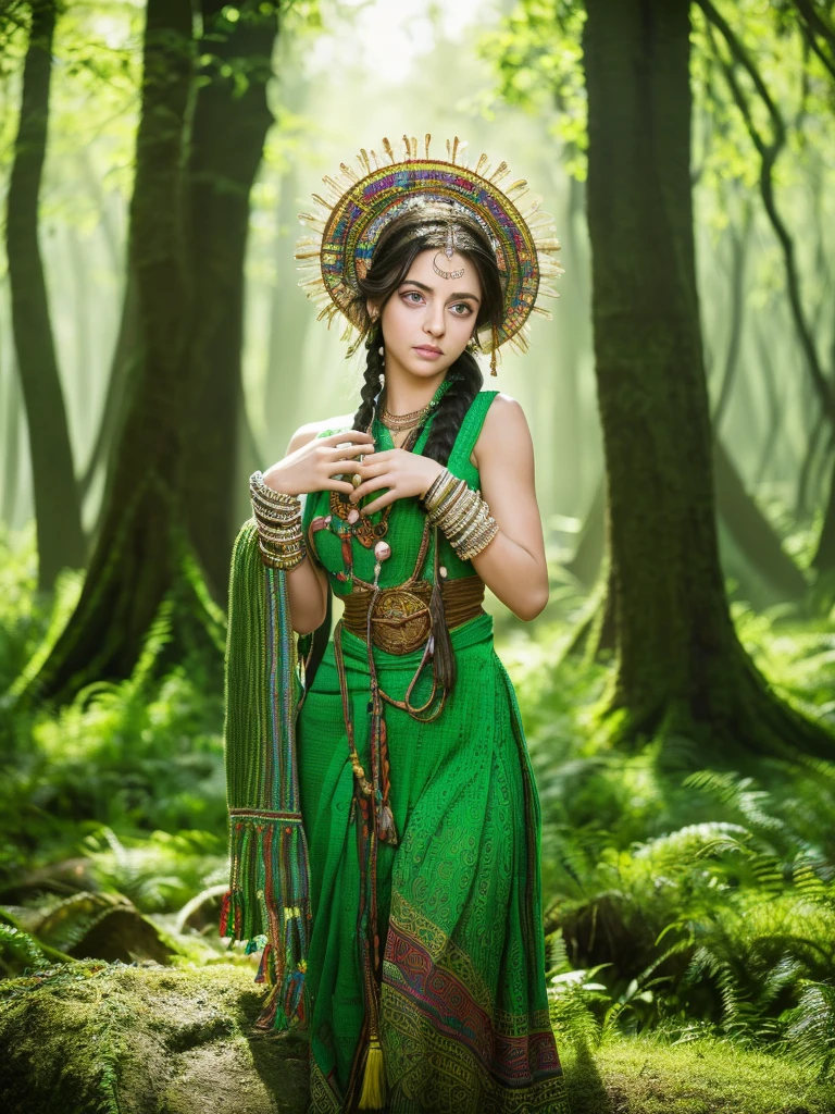 Avatar Style, (Facial portrait:1.6), Navvy, One girl, woman, (Silver Eyes), (Big eyes), ((Eyebrowless)), Pointed Ears, (forest Green skin tone:1.0), (Curly Hair:1.0), Black hair color, ((Braiding)), ((With bangs)), (Young people), 18-year-old, Facial wrinkles, Wearing colorful tribal clothing, (Wearing tribal accessories), Fine grain, Toned body, Muscular body, Vibrant colors, Shine, Mysterious atmosphere, Surreal dreamy lighting, Textured skin, Otherworldly beauty, Captivating photos, (highest quality, High resolution), Vibrant colors, Ultra-realistic, Skin Details, Striped Skin, SFW, Face close-up:0.5, Super-detailed body, ((Green skin)), ((m41s4)), From Brazil