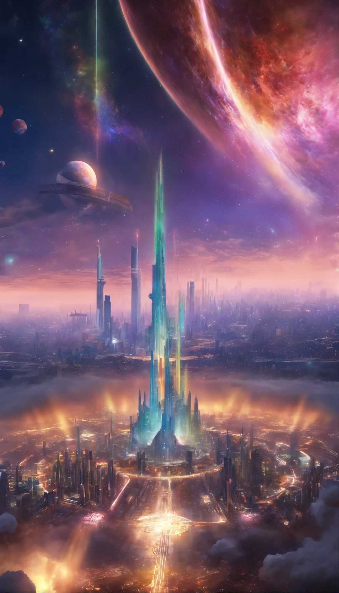 ((Ultra-fine masterpiece)) - Majestic images of huge sci-fi cities: In the endlessly expanding universe、A huge and mysterious city stretches into infinity、A breathtaking view of science fiction art。This magnificent metropolis suspended above the earth、Drifting among the countless planets floating in the sky、Casting an enchanting spell。With swirling nebulae and swirling cosmic dust dancing around it、The city's celestial architecture sparkles with an otherworldly blend of elegance and strength.。Decorated with rainbow-colored energy scars