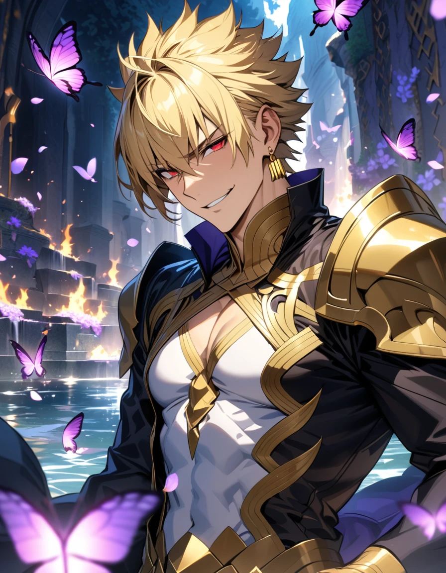 (absurdres, highres, ultra detailed, HDR), masterpiece, best quality, Gilgamesh, short hair, blonde hair, with bangs, expressive red eyes, finely eye and detailed face, fate grand order, solo, sexy man, handsome, mature face, toned, smirk, golden earrings, black coat, white shirt, patterns, water, purple lotus, petals, purple butterflies