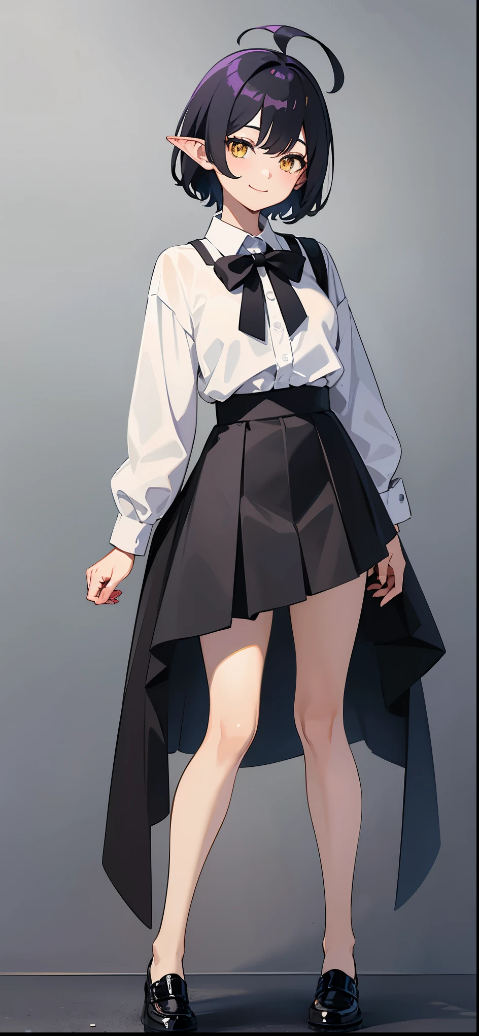 whole body, upright, front, shoes, One Woman, Black hair mixed with purple, Short hair to the shoulders, Hair between the eyes, Ahoge, Yellow Eyes, Pointed Ears, Tight white shirt with bow tie, tight black skirt, Place your arms at your sides, Open chest, smile, 好色なsmile, masterpiece, high quality, whole body, shoesを履いている, frontを向いている, Are standing,Simple white background, View your viewers
