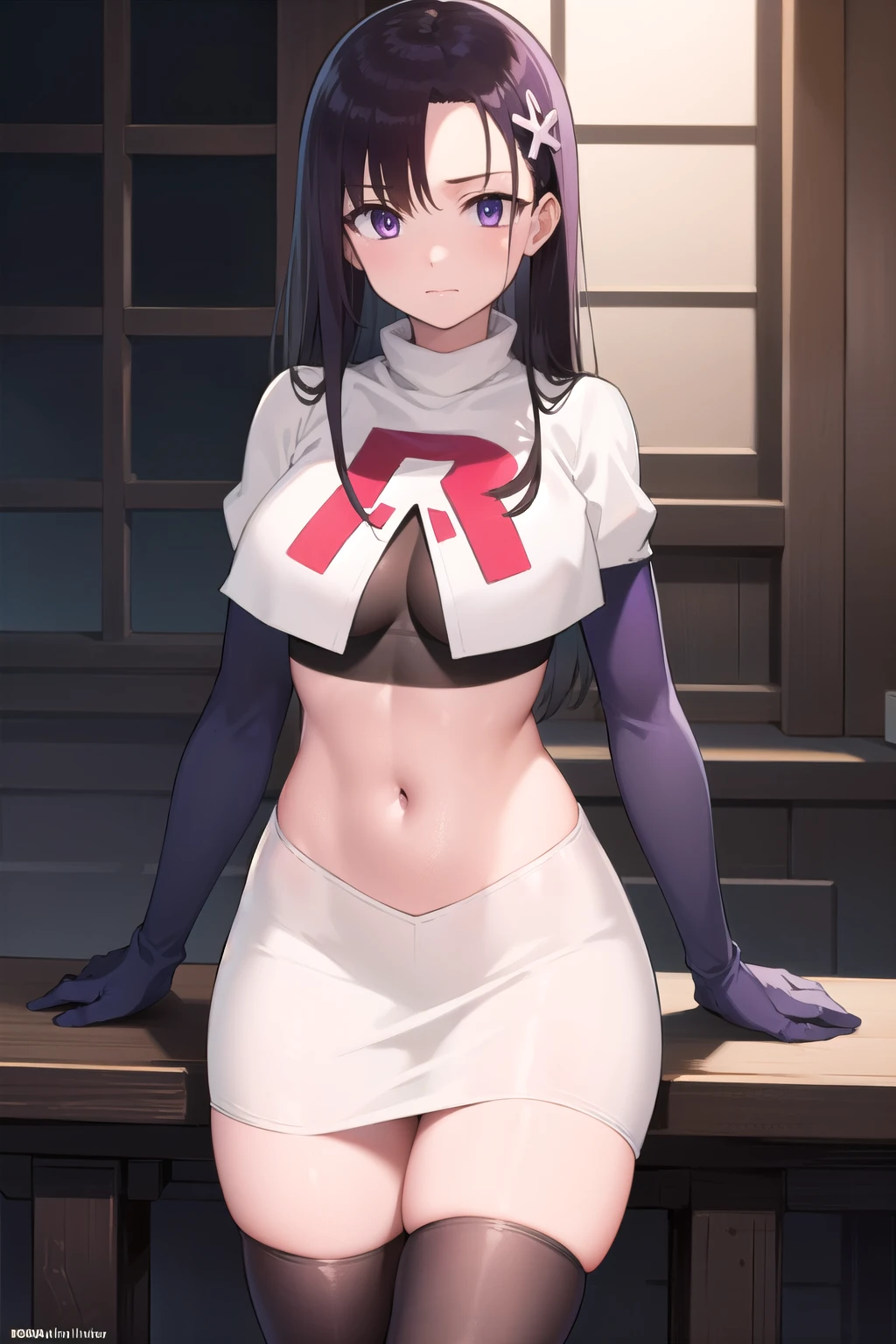 hitomihino, hitomi hino, long hair, black hair, hair ornament, (purple eyes:1.1),
BREAK team rocket,team rocket uniform,white skirt,red letter R,crop top,black thigh-highs,black elbow gloves,
BREAK looking at viewer, cowboy shot,
BREAK (masterpiece:1.2), best quality, high resolution, unity 8k wallpaper, (illustration:0.8), (beautiful detailed eyes:1.6), extremely detailed face, perfect lighting, extremely detailed CG, (perfect hands, perfect anatomy),