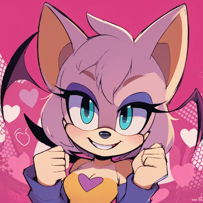 (score_9, score_8_up, 2d), 1girl, solo, Rouge the bat, female mobian, turquoise eyes, cute smile, looking at viewer, bat wings.