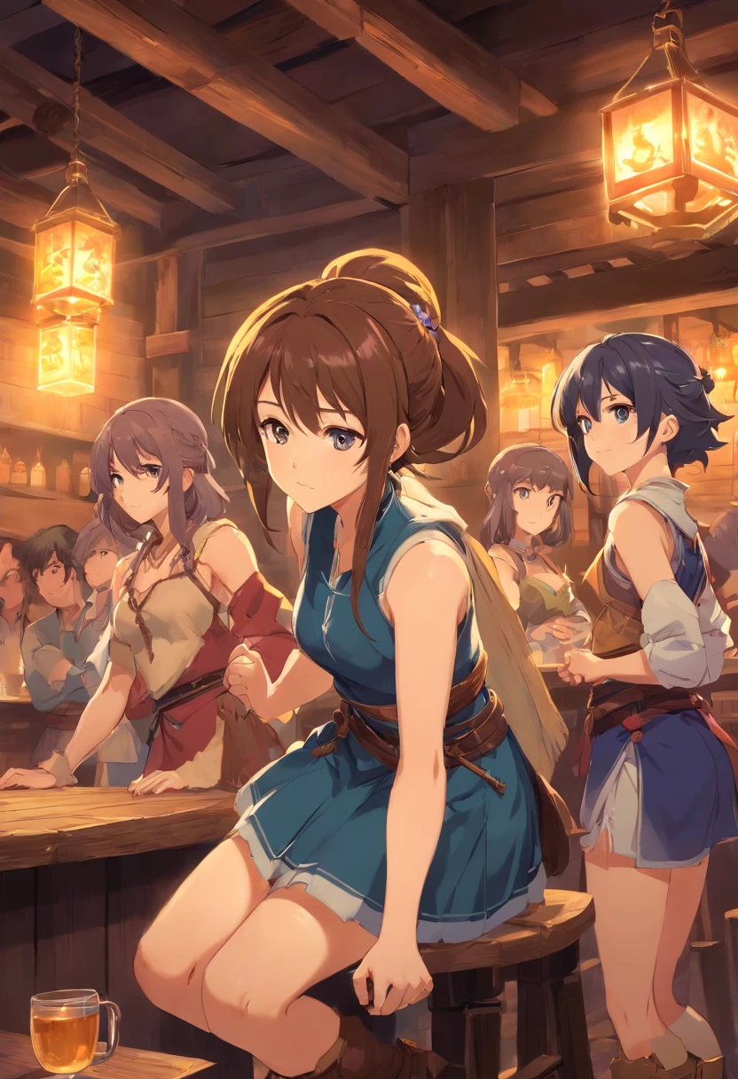 A group of female medieval fantasy adventurers, (in tavern), various hair styles, harem, night, details face, short skirt, seducing, sleeveless, armor, midriff