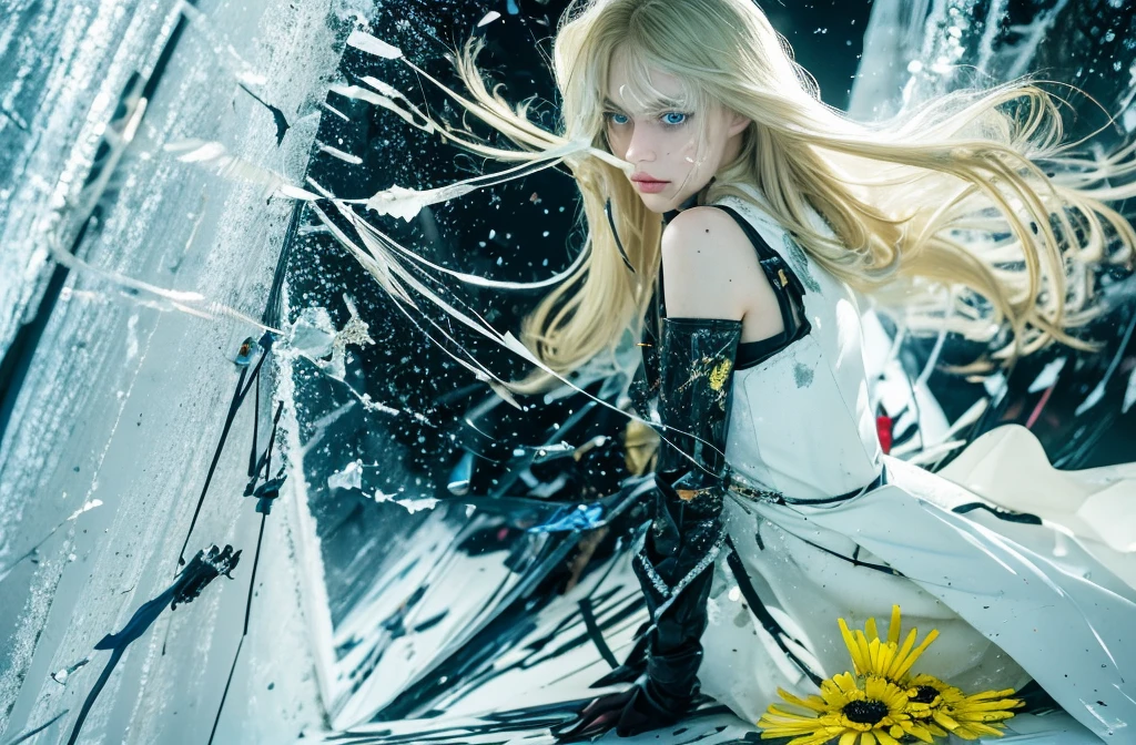 Perfect placement, White coat, Paint the trajectory(Paint Trails), Applying stains, Dirty Art, black and yellow paint, Wounded, crystallization, Daisy Flower, yellow, blue eyes, sorrow, Long blonde hair, rest position, Abstract Beauty, beautiful young girl with thin face, Centered, View your viewers, To the camera, Sad empty face, thin, 15 years old, Broken glass, Near perfect, dynamic, Very detailed, Smooth, Sharp focus, 8k, High resolution, figure, Art by Yoji Shinkawa, Kahne Griffith and Vadim Kashin, White Background