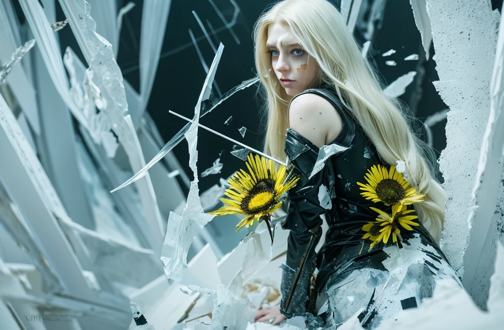 Perfect placement, White coat, Paint the trajectory(Paint Trails), Applying stains, Dirty Art, black and yellow paint, Wounded, crystallization, Daisy Flower, yellow, blue eyes, sorrow, Long blonde hair, rest position, Abstract Beauty, beautiful young girl with thin face, Centered, View your viewers, To the camera, Sad empty face, thin, , Broken glass, Near perfect, dynamic, Very detailed, Smooth, Sharp focus, 8k, High resolution, figure, Art by Yoji Shinkawa, Kahne Griffith and Vadim Kashin, White Background