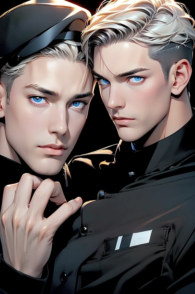 The picture shows two young men standing next to each other: the first man (tall, handsome, athletic, handsome, young man, platinum blond with blue eyes, he is dressed in a policeman's uniform, he has tanned skin, long straight platinum hair, blue eyes), the second man (young, handsome, athletic, handsome, a man, platinum blonde with violet eyes, long bangs, dressed in a policeman's uniform). Masterpiece, detailed study of the face, beautiful face, beautiful facial features, perfect image, realistic shots, detailed study of faces, full-length image, 8k, detailed image, extremely detailed illustration, a real masterpiece of the highest quality, with careful drawing.