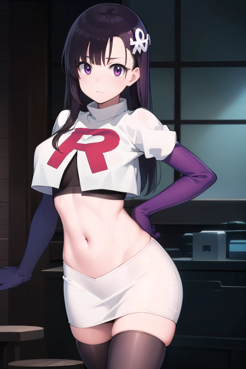 hitomihino, hitomi hino, long hair, black hair, hair ornament, (purple eyes:1.1),
BREAK team rocket,team rocket uniform,white skirt,red letter R,crop top,black thigh-highs,black elbow gloves,
BREAK looking at viewer, cowboy shot,
BREAK (masterpiece:1.2), best quality, high resolution, unity 8k wallpaper, (illustration:0.8), (beautiful detailed eyes:1.6), extremely detailed face, perfect lighting, extremely detailed CG, (perfect hands, perfect anatomy),