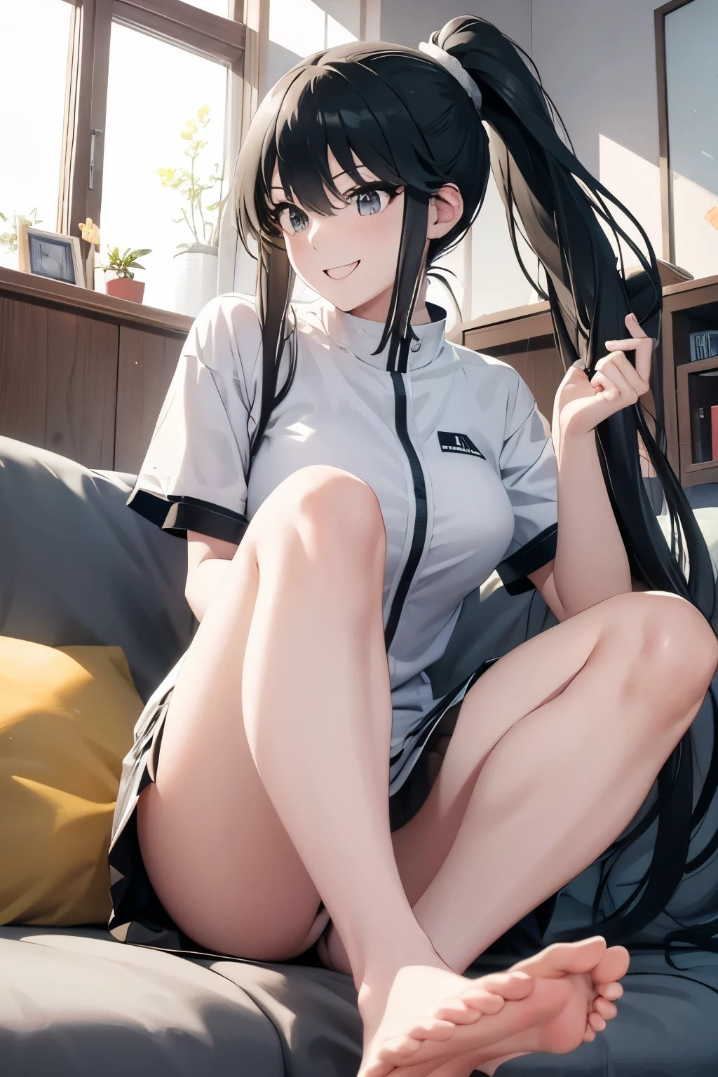 high resolution、ponytail、Long Hair、woman、Beautiful legs、smile、Big 、Surprised expression