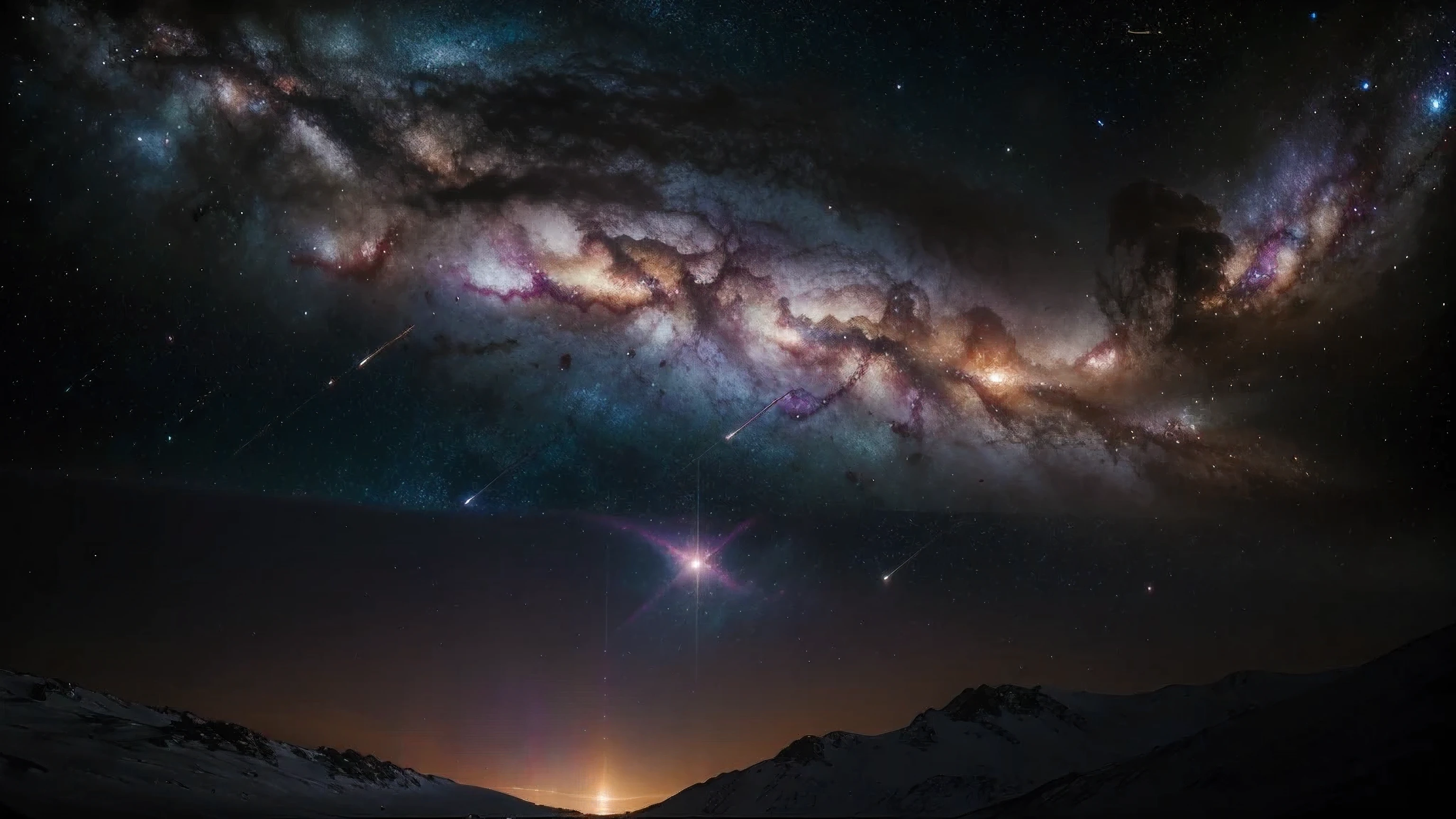 Create a breathtaking image of a spiral galaxy in deep space. The galaxy should have well-defined, swirling arms filled with bright stars, nebulae, and dust lanes. The core should be glowing brightly, emitting a warm golden light. Surrounding the galaxy, depict a vast expanse of space with numerous distant stars, galaxies, and colorful nebulae. The overall scene should convey the immense beauty and complexity of a spiral galaxy within the universe.