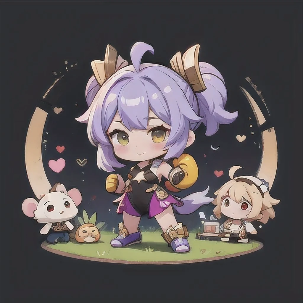 （（Wear boxing gloves））a cartoon image of a girl with a purple hair and a black top, kda, character art of maple story, advanced digital chibi art, arcane art style, 2 d sprite, genshin impact character, official character art, chibi monster girl, chibi, , noire, ayaka genshin impact, maplestory mouse, hero 2 d fanart artsation，a cartoon image of a girl with a purple hair and a purple outfit, , chibi, kda, twitch emote, chibi monster girl, [[[[grinning evily]]]], 2 d sprite, of a ramlethal valentine, holding a pudica pose, melty, cute cyber gods, advanced digital chibi art（（2 girls ））Long purple-white hair，Double tail，big eyes，Sports Posture，Combat Status，Full mana