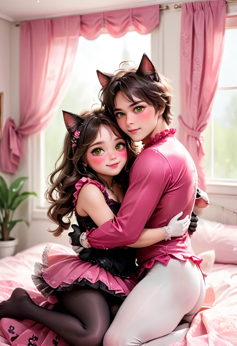 (Style-Princess, fflixbom, cat facepaint) (1 man, 1 catgirl) (hetero, couple) (crossdressing, fully clothed) (portrait) (women's clothes only) (women's beautifully feminine lacy skintight matte cat paw print girly pink adorable ballet leotards) (white opaque tights) (tiaras, no shoes, white long gloves) (woman's bedroom, four-poster bed) (lying down, hugging, bending knee) (intimacy, playfulness, closeness)