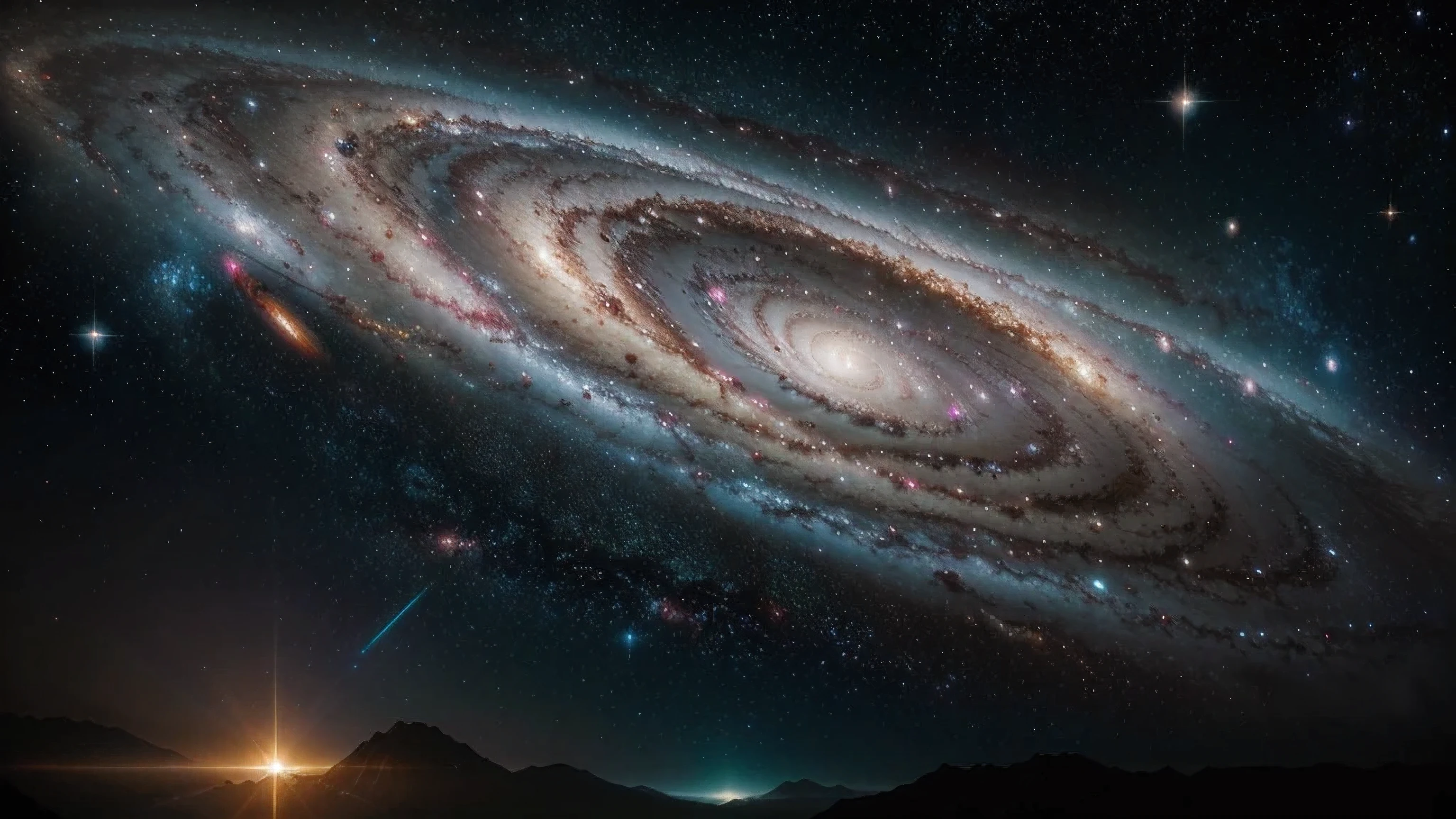Create a breathtaking image of a spiral galaxy in deep space. The galaxy should have well-defined, swirling arms filled with bright stars, nebulae, and dust lanes. The core should be glowing brightly, emitting a warm golden light. Surrounding the galaxy, depict a vast expanse of space with numerous distant stars, galaxies, and colorful nebulae. The overall scene should convey the immense beauty and complexity of a spiral galaxy within the universe.