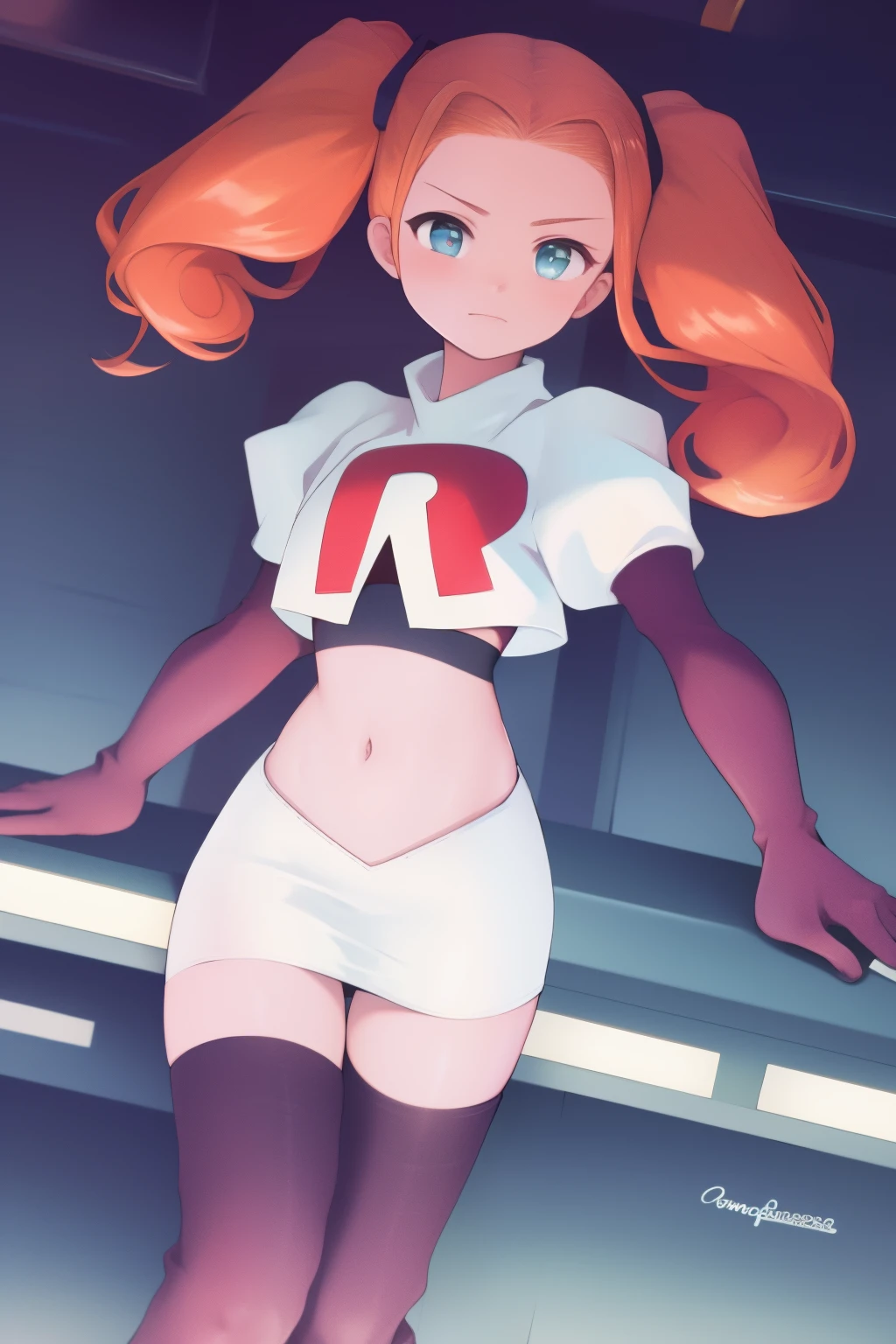 masterpiece, best quality, SvnV4, 1girl, solo, team rocket,team rocket uniform, red letter R, white skirt,white crop top,black thigh-highs,black elbow gloves,