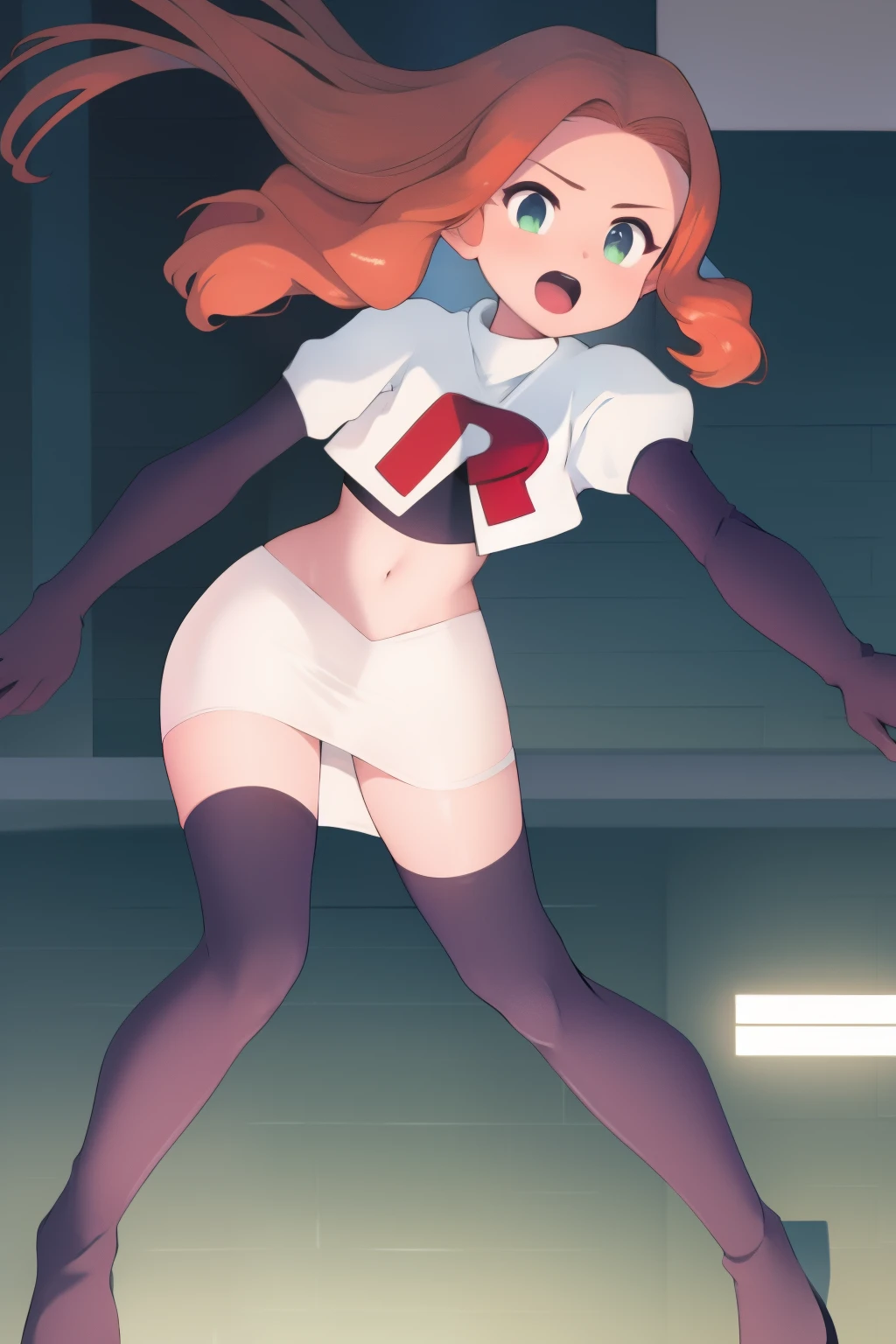 masterpiece, best quality, SvnV4, 1girl, solo, team rocket,team rocket uniform, red letter R, white skirt,white crop top,black thigh-highs,black elbow gloves,