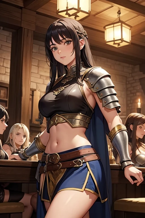 detailed background, intricate, 1girl, (solo), smile, (evening, dusk, sunset), cinematic lighting, outdoors, pink pupils, elf, pointy ears, black hair, long hair, blue eyes, bangs, ponytail, nsfw, shoulders, breasts, teeth, pussy, nude, sleeves, nipples, thighhighs