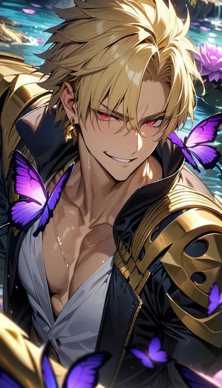 (absurdres, highres, ultra detailed, HDR), masterpiece, best quality, Gilgamesh, short hair, blonde hair, with bangs, expressive red eyes, finely eye and detailed face, fate grand order, solo, sexy man, handsome, mature face, toned, smirk, golden earrings, black coat, white shirt, patterns, water, purple lotus, petals, purple butterflies