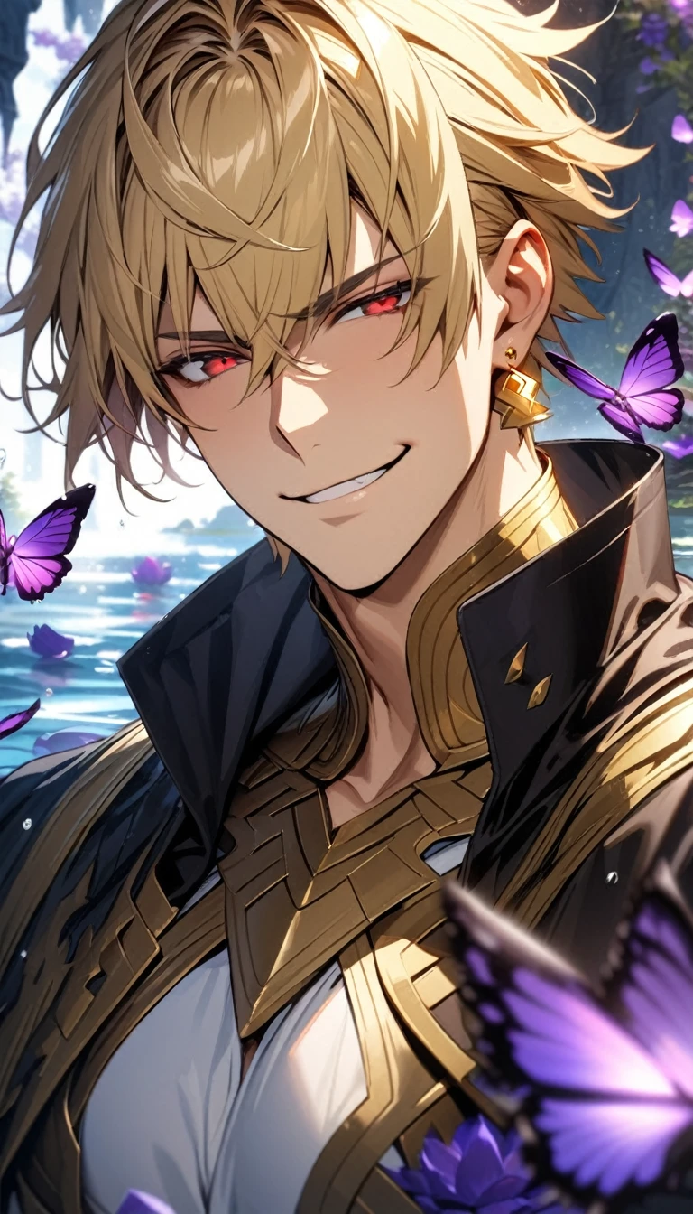 (absurdres, highres, ultra detailed, HDR), masterpiece, best quality, Gilgamesh, short hair, blonde hair, with bangs, expressive red eyes, finely eye and detailed face, fate grand order, solo, sexy man, handsome, mature face, toned, smirk, golden earrings, black coat, white shirt, patterns, water, purple lotus, petals, purple butterflies