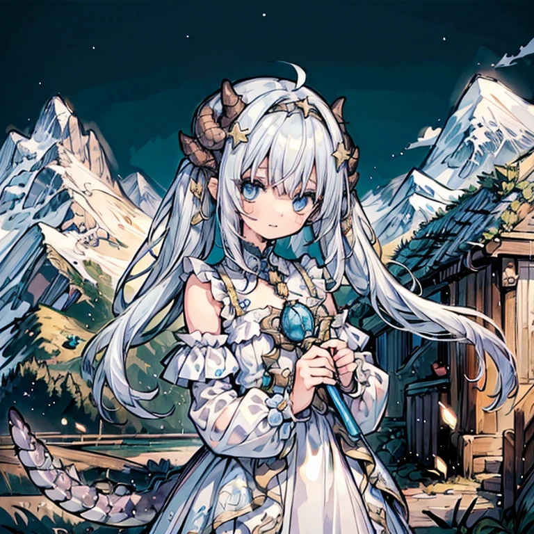 (masterpiece), best quality, highly detailed, 1girl, ((a girl with a tail covered in scales)), solo, detailed beautiful blue face, ,  beautiful eyes, star_in_eye, +_+,+_+, long hair with half_twintails, white frilled dress, off-shoulder dress, naughty face, holding scepter, circlet, dragonian_head, dragonian_horns, dragonian_hairstyle, dragonian_body, dragonian_tail, upper body, in mountain, bright background, pixiv, image resolution 1024, 4K, 8K