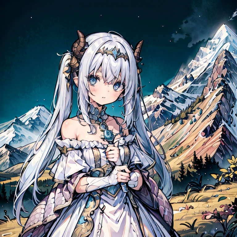 (masterpiece), best quality, highly detailed, 1girl, ((a girl with a tail covered in scales)), solo, detailed beautiful blue face, ************,  beautiful eyes, star_in_eye, +_+,+_+, long hair with half_twintails, white frilled dress, off-shoulder dress, naughty face, holding scepter, circlet, dragonian_head, dragonian_horns, dragonian_hairstyle, dragonian_body, dragonian_tail, upper body, in mountain, bright background, pixiv, image resolution 1024, 4K, 8K