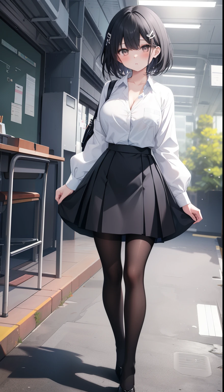 One Girl、positive、Standing posture、Full body portrait、Black Hair、Medium Haircut、blush、Absolute area、Black knee-high socks、Knee-length、stockings、Black Pantyhose、White underwear、Light blue shirt、Blue-gray business suit、Grey tight super mini skirt、Japanese office lady、Summer clothes、classroom、Standing at the podium、Daytime、(Very large breasts)、Cleavage、open chest shirt、((Lesbians all over the world))、masterpiece、(highest quality)、
Panties around the ankles、Black high heels、Shirt buttons fly off、The wind blows up my skirt、hold the skirt with both hands、hairpin