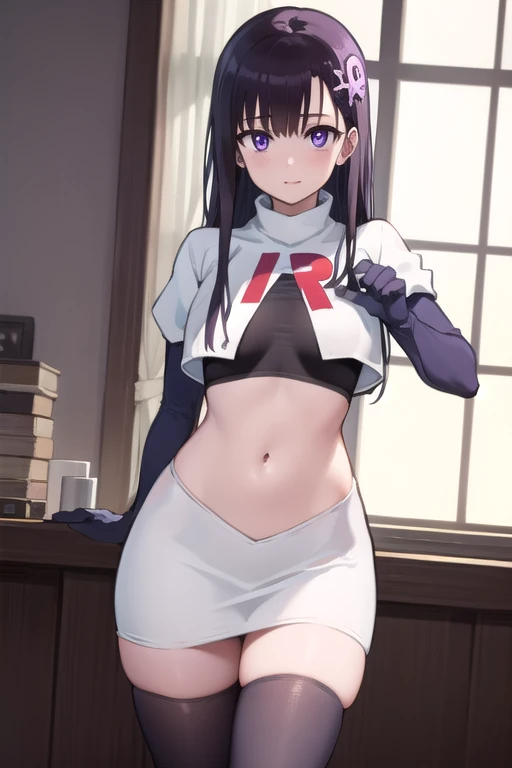 hitomihino, hitomi hino, long hair, black hair, hair ornament, (purple eyes:1.1),
BREAK team rocket,team rocket uniform,white skirt,red letter R,crop top,black thigh-highs,black elbow gloves,
BREAK looking at viewer, cowboy shot,
BREAK (masterpiece:1.2), best quality, high resolution, unity 8k wallpaper, (illustration:0.8), (beautiful detailed eyes:1.6), extremely detailed face, perfect lighting, extremely detailed CG, (perfect hands, perfect anatomy),