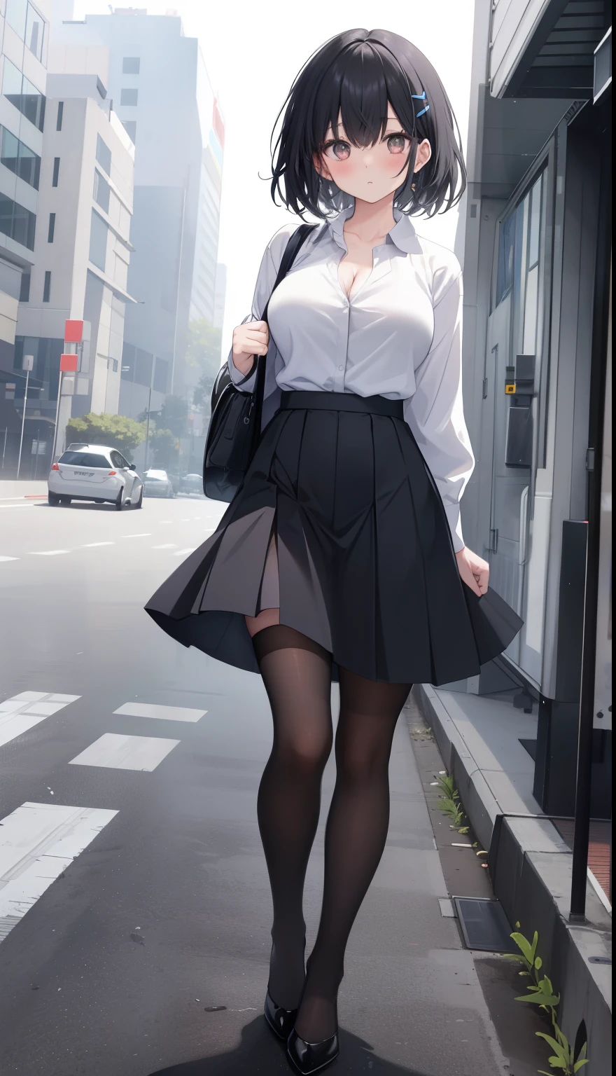 One Girl、positive、Standing posture、Full body portrait、Black Hair、Medium Haircut、blush、Absolute area、Black knee-high socks、Knee-length、stockings、Black Pantyhose、White underwear、Light blue shirt、Blue-gray business suit、Grey tight super mini skirt、Japanese office lady、Summer clothes、classroom、Standing at the podium、Daytime、(Very large breasts)、Cleavage、open chest shirt、((Lesbians all over the world))、masterpiece、(highest quality)、
Panties around the ankles、Black high heels、Shirt buttons fly off、The wind blows up my skirt、hold the skirt with both hands、hairpin