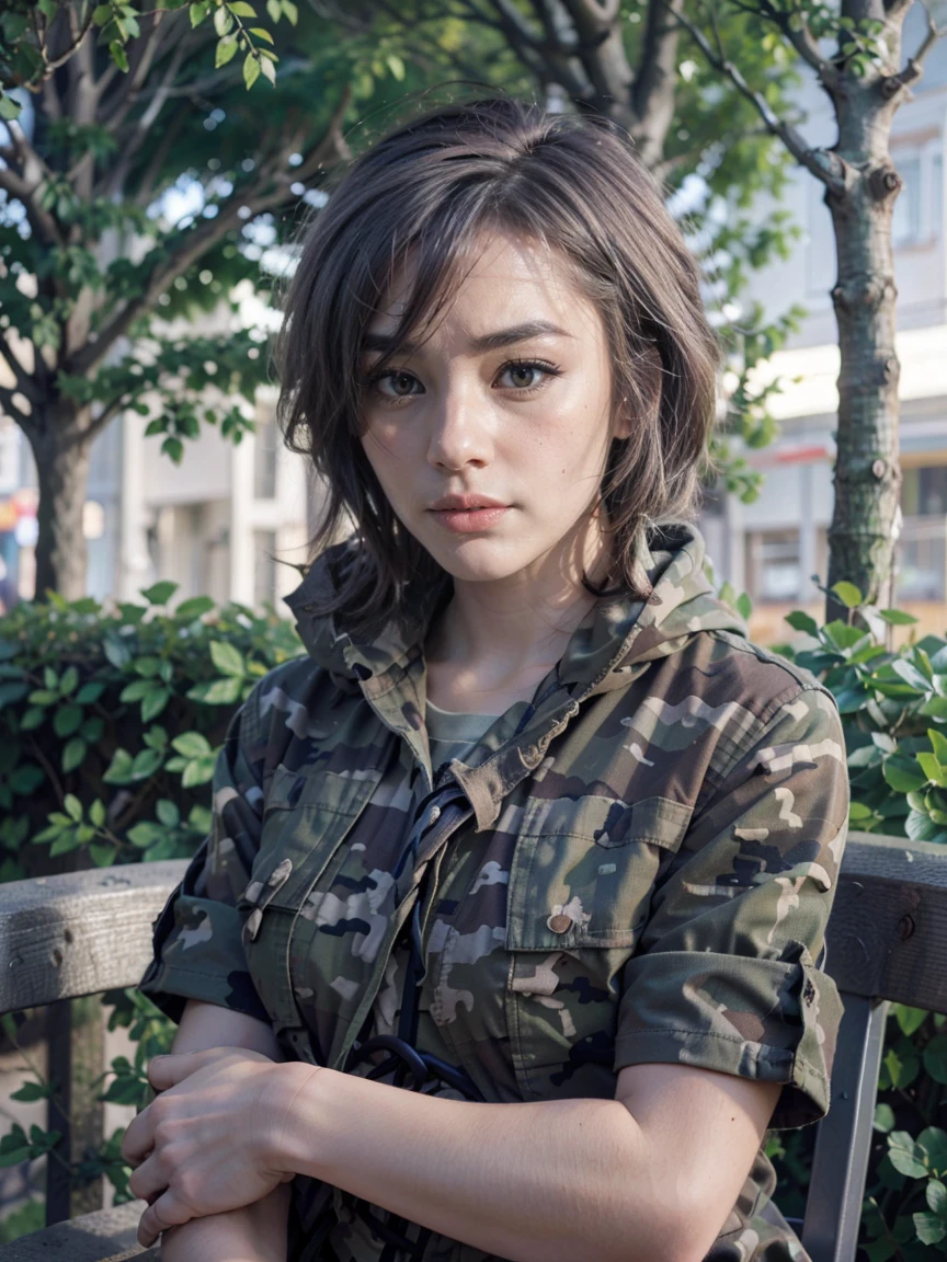 (1 lady), (Best quality at best:1.4), (ultra - detailed), (extremely detailed CG unified 16k), A Beautiful Woman with Perfect Figure: 1.4, Sharp Focus: 1.2, very detailed, High-definition RAW color photo, professional photoshooting, amazing face and eyes, cosmetics, (amazingly beautiful girl), ((yuki)), ((grays woodland camo trench coat, pixelated gray combat boots camo pattern, grays woodland camo skirt)), standing, sexyposture,(Stylish urban landscape, day light), realistic cinematic face, head to feet long wide zoomed out view, full body long view, photorealistic, ((realistic natural grayish purple hair style, yellowish eyes)), gorgeous, extremely beautiful face, perfect model beauty, pout mouth, Highly Detailed Face and Skin Texture, Detailed Eyes, Double Eyelids, Big Breasts, inexpressive face, cleavages, western, (masterpiece), best quality, high resolution, extremely detailed, blurred background, depth of field, cinematic lighting, amazing legs, clear and well-cared skin