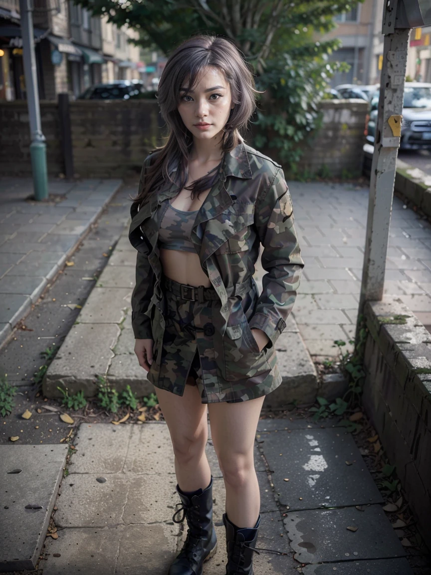 (1 lady), (Best quality at best:1.4), (ultra - detailed), (extremely detailed CG unified 16k), A Beautiful Woman with Perfect Figure: 1.4, Sharp Focus: 1.2, very detailed, High-definition RAW color photo, professional photoshooting, amazing face and eyes, cosmetics, (amazingly beautiful girl), ((yuki)), ((grays woodland camo trench coat, pixelated gray combat boots camo pattern, grays woodland camo skirt)), standing, sexyposture,(Stylish urban landscape, day light), realistic cinematic face, head to feet long wide zoomed out view, full body long view, photorealistic, ((realistic natural grayish purple hair style, yellowish eyes)), gorgeous, extremely beautiful face, perfect model beauty, pout mouth, Highly Detailed Face and Skin Texture, Detailed Eyes, Double Eyelids, Big Breasts, inexpressive face, cleavages, western, (masterpiece), best quality, high resolution, extremely detailed, blurred background, depth of field, cinematic lighting, amazing legs, clear and well-cared skin