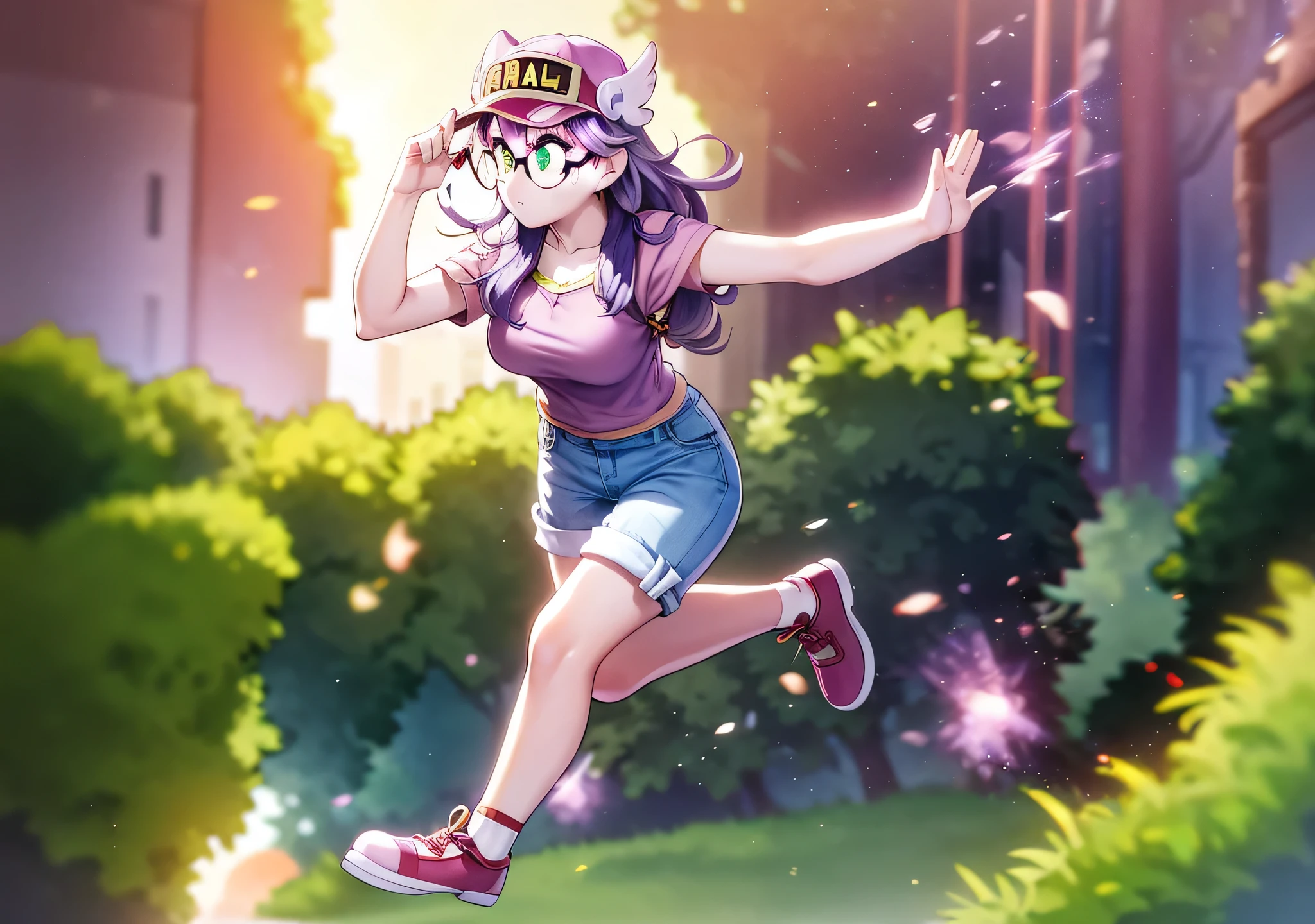 (RAW Photos:1.2), (Realistic), Beautiful detailed girl, Very detailed eyes and face, Beautiful fine details, Large file size, High resolution, Very detailed, highest quality, [Tabletop:1.6], figure, Very detailed, The finer details, highest quality, 8k wallpaper, Cinema Lighting, 15 years old , Arale-chan has grown up、Pink hat, Pink Shirt,Overall jeans, Espadrilles, run with arms outstretched, pastoral landscapes, Country Road,(((Light purple long hair))),(((Red round glasses))),Green Eyes,