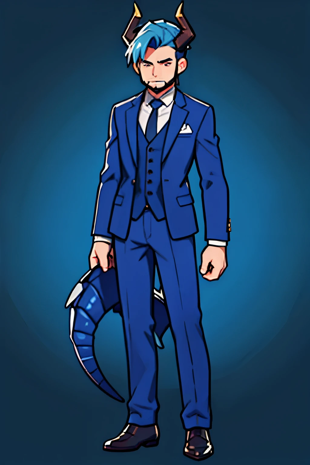 Human half dragon male, with a short beard and short blue hair, wearing a suit, with tail and horns