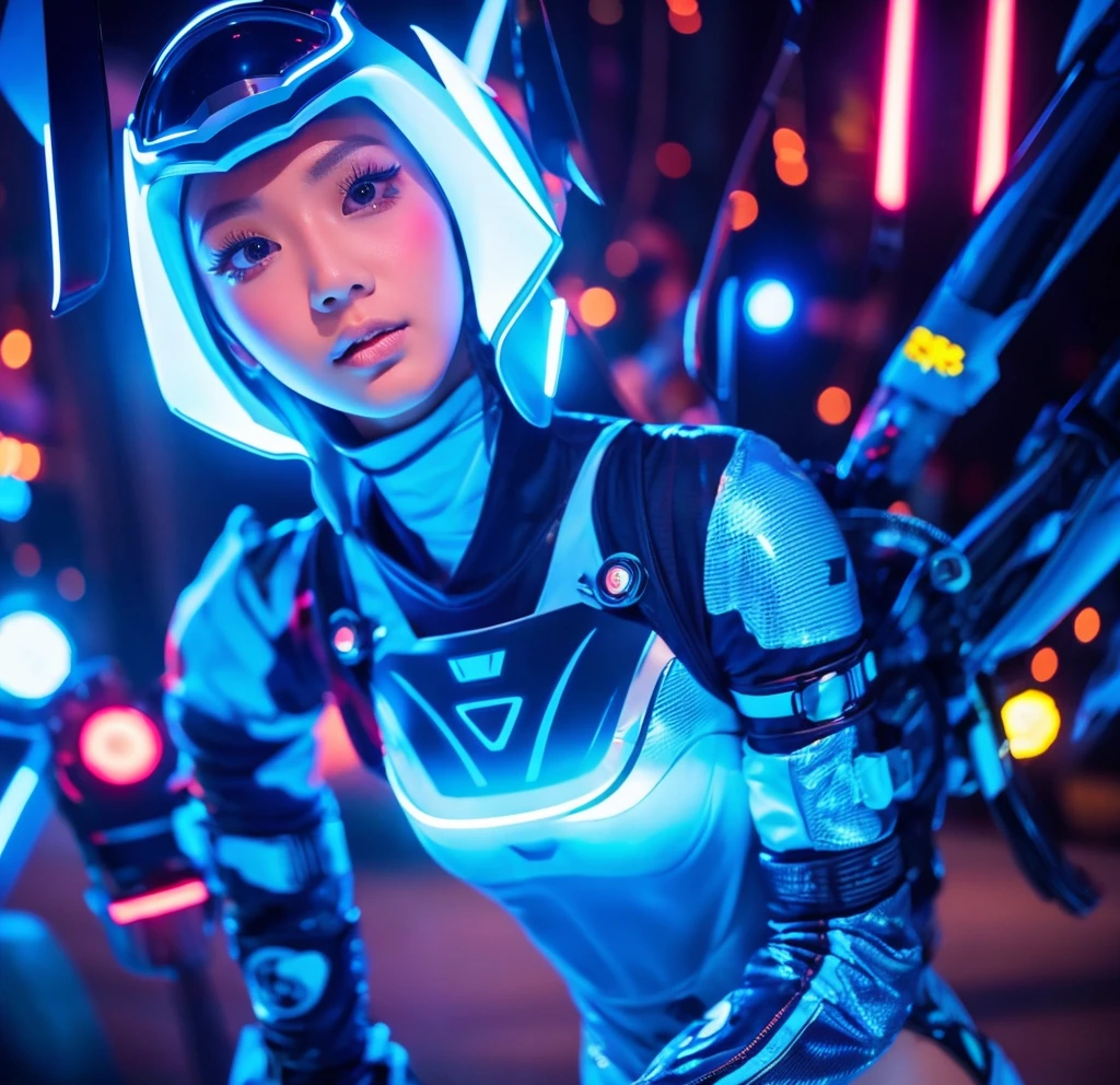 Girl in Indonesian futuristic costume，It embodies cultural fusion and modern fashion.. スーツは複雑な模様とBright colors彩で装飾されている, Showcasing Indonesia&#39;s rich cultural heritage. The girl stood confidently，Take dynamic poses, Her attentive eyes reflect determination and curiosity.. The suit&#39;s materials combine traditional textiles with futuristic synthetic fibers., Gives a unique and edgy look. The overall image quality is top notch, Sharp focus，Detailed Rendering. This artwork uses physically based rendering techniques, Realistic lighting and shadows. Bright colors, Capturing the essence of Indonesian cultural aesthetics. The background combines modern architecture with traditional elements., Creating a fusion of the past and the future. The theme explores the crossroads of Indonesian culture., Futuristic Design, And an artistic image of a confident girl.