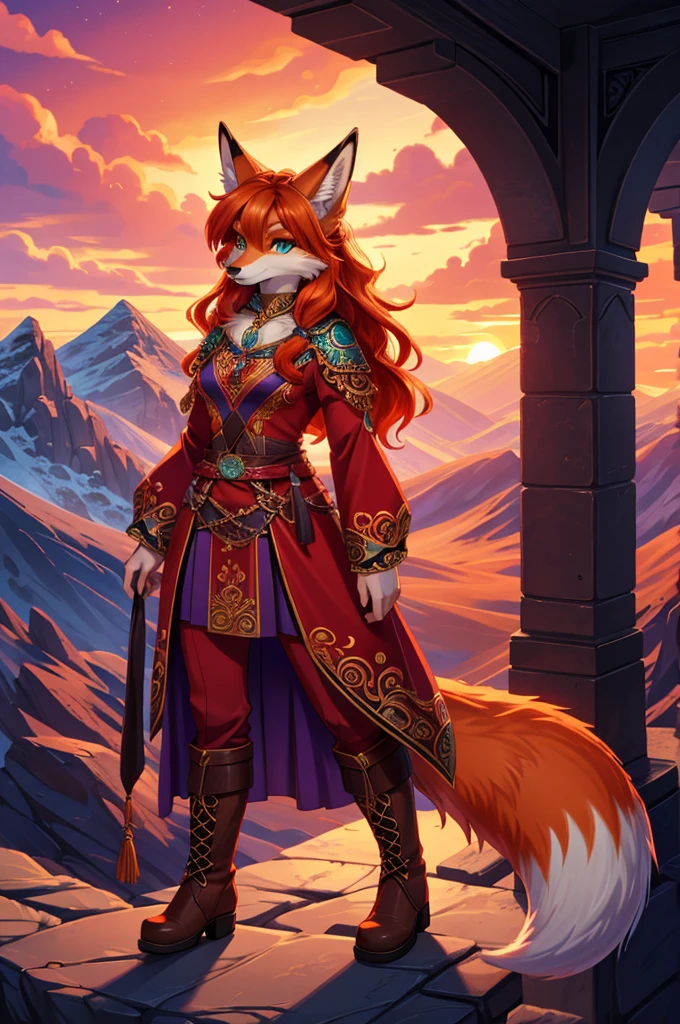 bright colors, fantasy style art, looking at viewer, facing viewer, beautiful anthropomorphic female fox, mature and young, tall character, 5 feet 11 inches tall, fluffy fox fur, teal eyes, orange fur, long wavy bright orange hair, shapely body, skinny body, healthy body, purple and red warrior outfit, ornate red clothes, fancy purple patterns and symbols, 2 red dress coattails hanging down her sides, high brown leather boots, long draping red sleeves, long fluffy fox tail, standing on top of a mountain, at the mountain peak, sunset, brilliant cloudy sky, sunset lighting up the clouds, high quality digital art, 2k, professional illustration, highly detailed