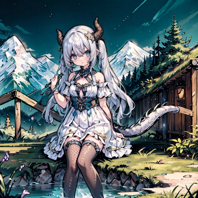 (masterpiece), best quality, highly detailed, 1girl, ((a girl with a tail covered in scales)), solo, detailed beautiful blue face, ************,  beautiful eyes, shy, star_in_eye, "+_+", long hair with half_twintails, white frilled dress, off-shoulder dress, black legwear, toeless, seductive smile, holding hammer, circlet, magic light, dragonian_head, dragonian_horns, dragonian_hairstyle, dragonian_body, dragonian_tail, in mountain, bright background, pixiv, image resolution 1024, 4K, 8K