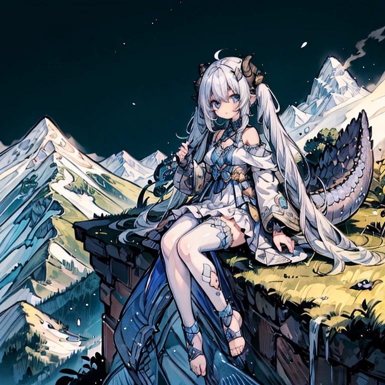 (masterpiece), best quality, highly detailed, 1girl, ((a girl with a tail covered in scales)), solo, detailed beautiful blue face, ************,  beautiful eyes, shy, star_in_eye, "+_+", long hair with half_twintails, white frilled dress, off-shoulder dress, black legwear, toeless, seductive smile, holding hammer, circlet, magic light, dragonian_head, dragonian_horns, dragonian_hairstyle, dragonian_body, dragonian_tail, in mountain, bright background, pixiv, image resolution 1024, 4K, 8K