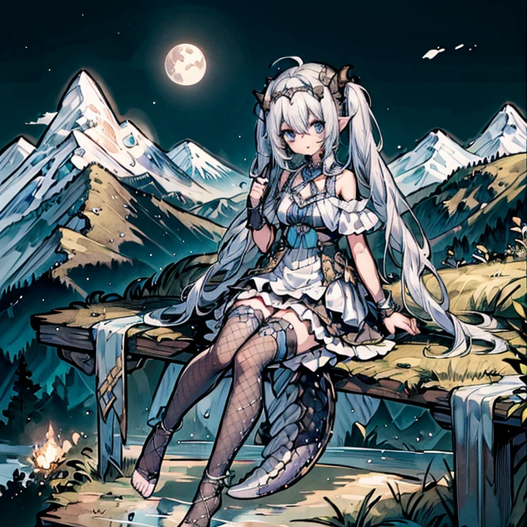 (masterpiece), best quality, highly detailed, 1girl, ((a girl with a tail covered in scales)), solo, detailed beautiful blue face, ,  beautiful eyes, shy, star_in_eye, "+_+", long hair with half_twintails, white frilled dress, off-shoulder dress, black legwear, toeless, seductive smile, holding hammer, circlet, magic light, dragonian_head, dragonian_horns, dragonian_hairstyle, dragonian_body, dragonian_tail, in mountain, bright background, pixiv, image resolution 1024, 4K, 8K