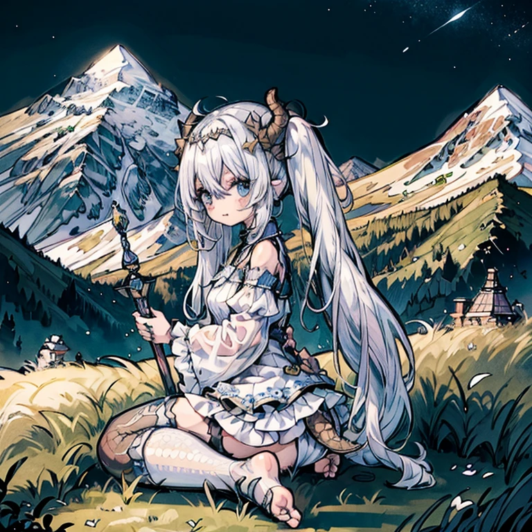 (masterpiece), best quality, highly detailed, 1girl, ((a girl with a tail covered in scales)), solo, detailed beautiful blue face, ************,  beautiful eyes, shy, star_in_eye, "+_+", long hair with half_twintails, white frilled dress, off-shoulder dress, black legwear, toeless, seductive smile, holding hammer, circlet, magic light, dragonian_head, dragonian_horns, dragonian_hairstyle, dragonian_body, dragonian_tail, in mountain, bright background, pixiv, image resolution 1024, 4K, 8K