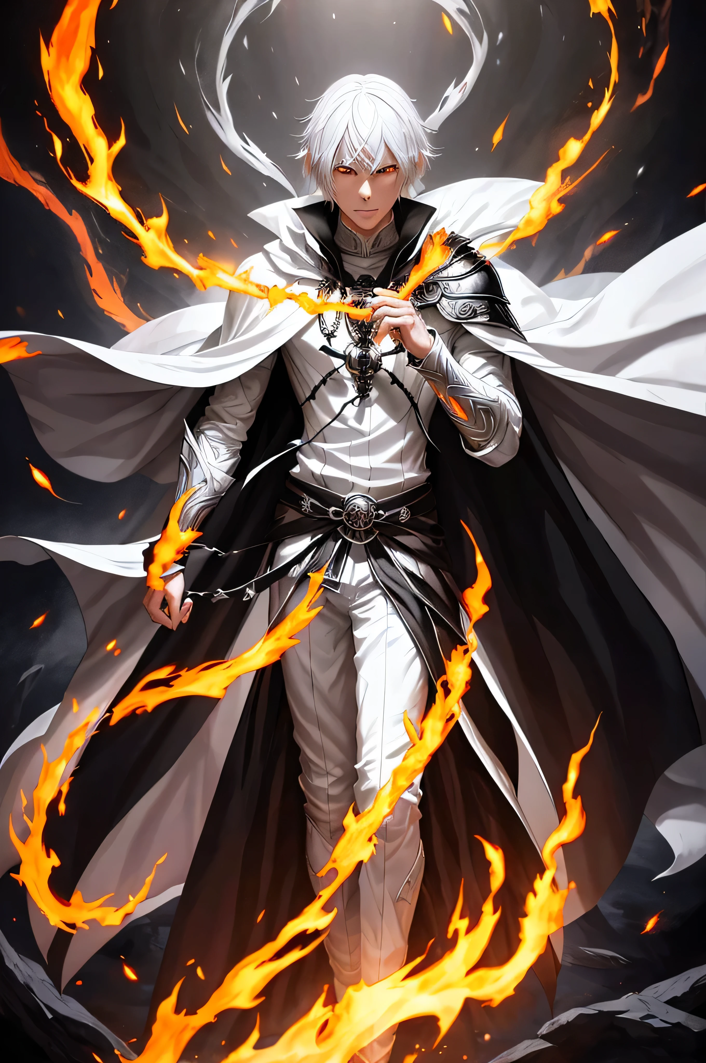 Full body, black and white clothes, young male half-elf,white hair,black cape,silver armor,(two orange flame-like amulets around his neck),black sandals,(long slender fingers),billowing cape,full body,portraits,sharp focus,vivid colors,dramatic lighting, full body