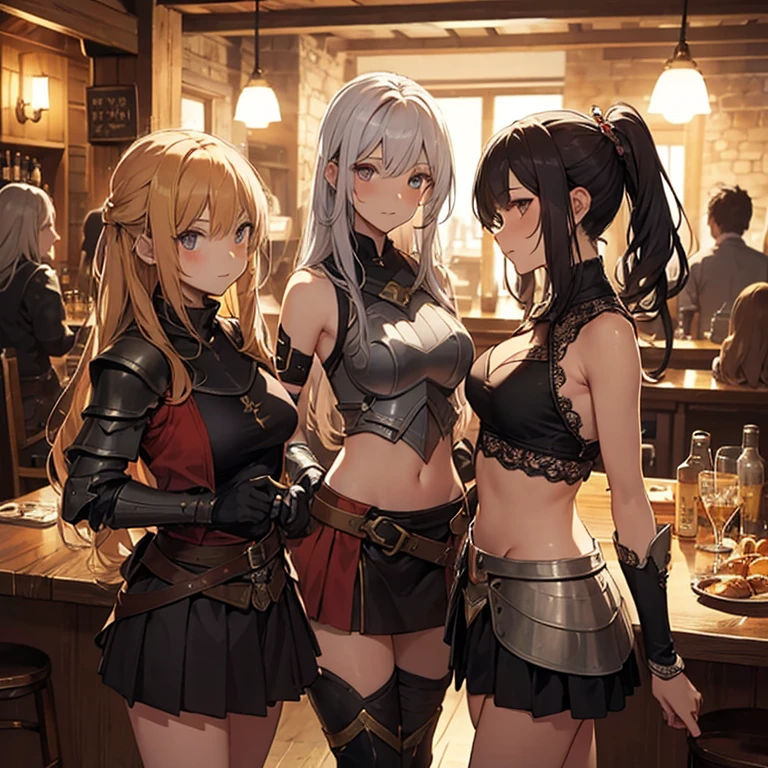 A group of  female medieval fantasy adventurers, (in tavern), various hair styles, harem, night, details face, short skirt, seducing, sleeveless, armor, midriff 