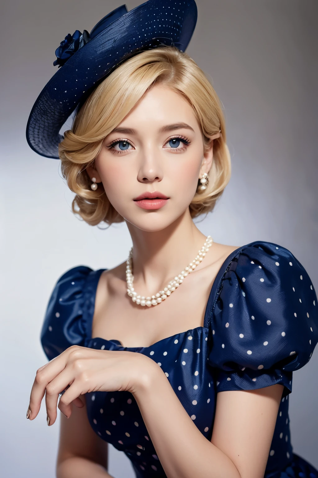 Beautiful blonde woman wearing an extremely conservative white and dark blue polka dot dress with short puff sleeves, fully dressed in pearls for Royal Ascot, magazine pose,