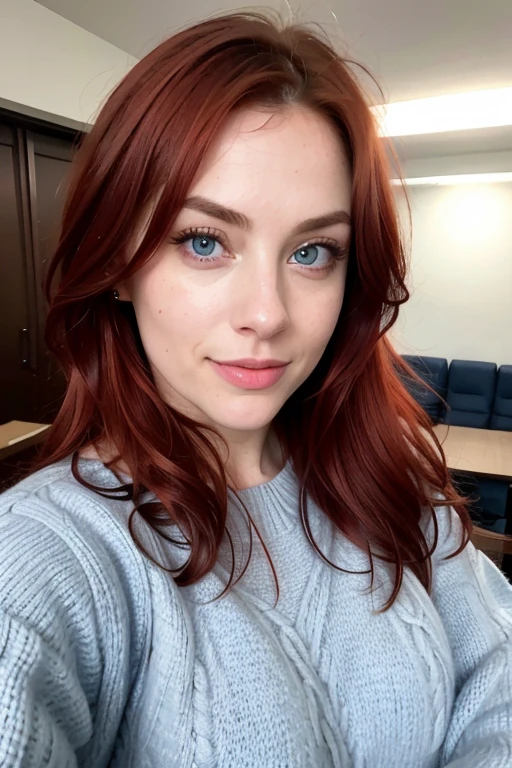photorealistic, best quality, blue eyes,hyper detailed, beautiful woman, 25 years ole, red hair, ginger, busty, selfie photo, upper body, solo, wearing pullover, indoors, (night), (cheerful, happy), sweater, analog style, looking at viewer, skin texture, film grain, close up, ultra high res, best shadow, RAW, instagram LUT