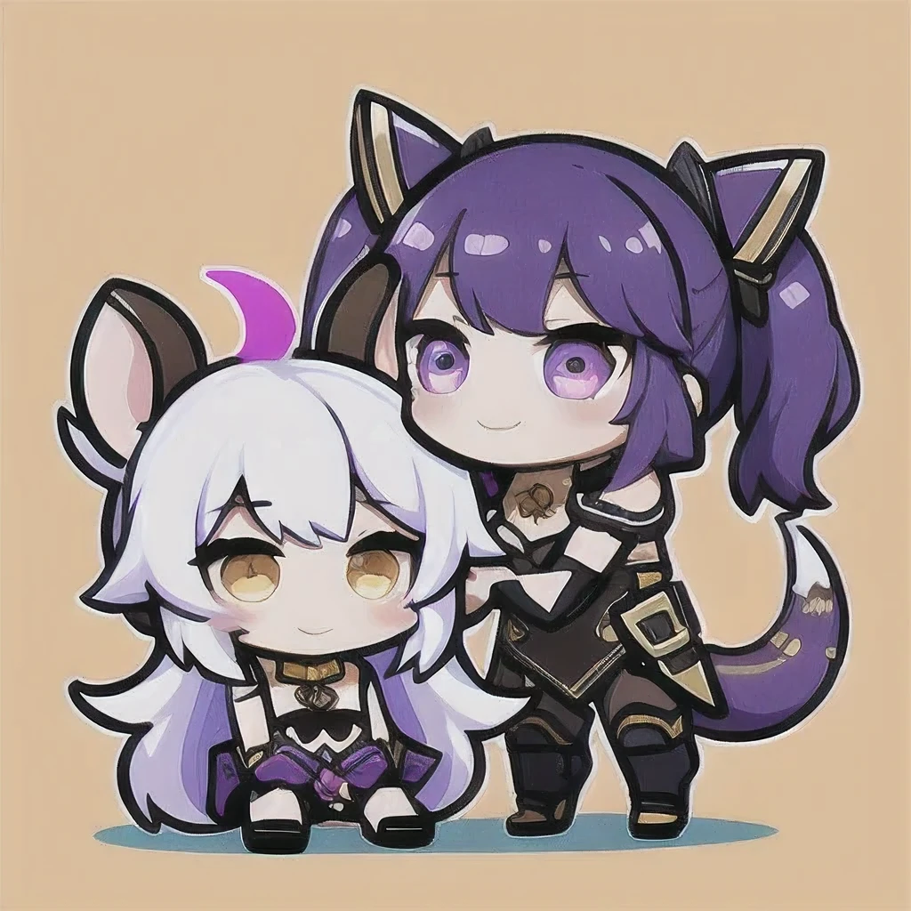 a cartoon image of a girl with a purple hair and a black top, kda, character art of maple story, （（Deer antler hair accessories））advanced digital chibi art, arcane art style, 2 d sprite, genshin impact character, official character art, chibi monster girl, chibi, , noire, ayaka genshin impact, maplestory mouse, hero 2 d fanart artsation，a cartoon image of a girl with a purple hair and a purple outfit, , chibi, kda, twitch emote, chibi monster girl, [[[[grinning evily]]]], 2 d sprite, of a ramlethal valentine,Purple and white combination, melty, cute cyber gods, advanced digital chibi art（（2 girls ））Long purple-white hair，Double tail，big eyes，Sports Posture，Combat Status，Full mana