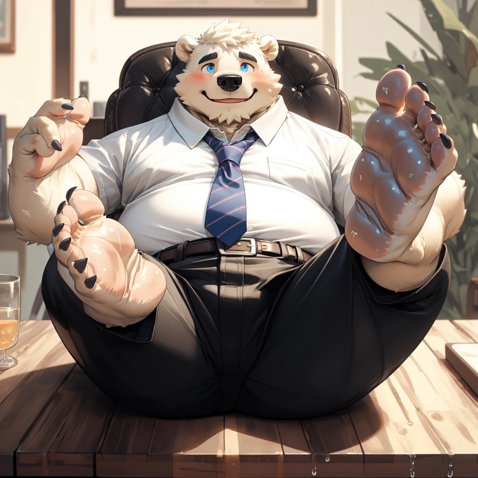 chubby polar bear dad male office suit  white shirt slighly  well built , blue eyes glasses, head crest white hair, levitating relaxing  spread legs, five finger feet with white ankle sock, disney profile, full body smug , kemono , high quality , by rossciaco