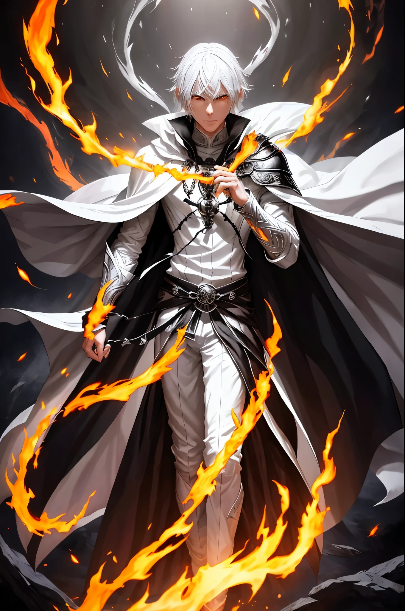 Full body, black and white clothes, young male half-elf,white hair,black cape,silver armor,(two orange flame-like amulets around his neck),black sandals,(long slender fingers),billowing cape,full body,portraits,sharp focus,vivid colors,dramatic lighting, full body