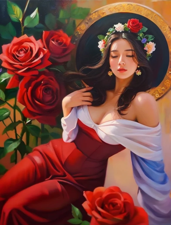 Impasto oil painting of a woman, profile , Look at the front,prayer、Join hands、 She has a red rose in her hair around her ear, background cosmos,Red Galaxy、 Close-up, Hyperrealistic oil painting. Masterpiece of Art.